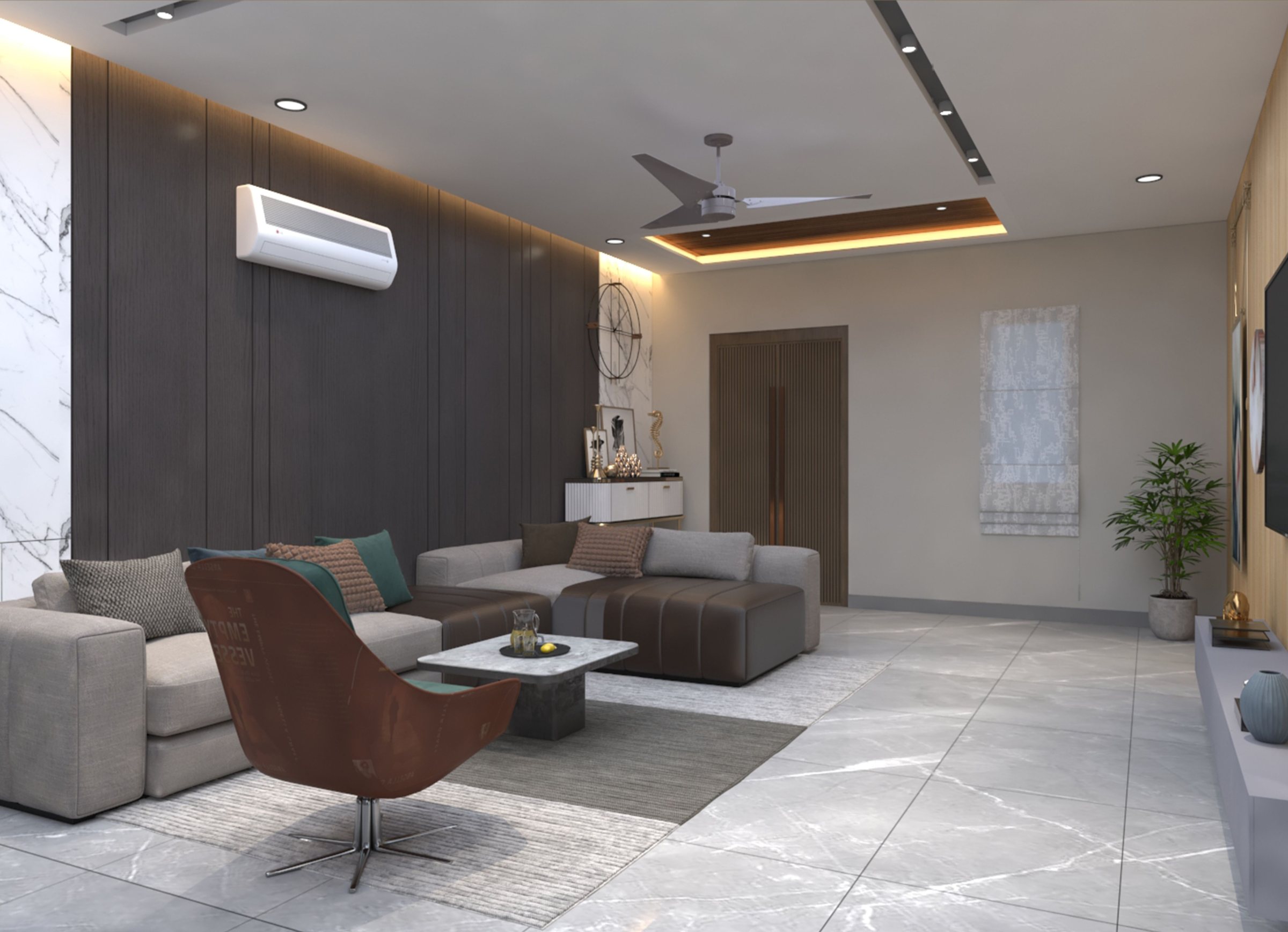 Spacious living room with Italian marble flooring at Lumbini Elysee