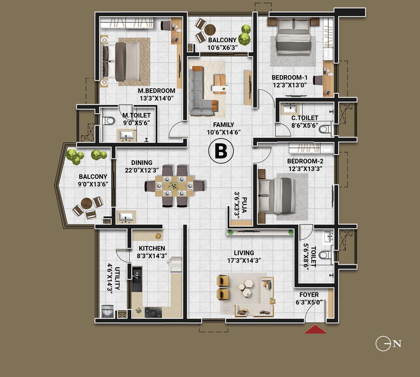 3 BHK east-facing floor plan, unit B