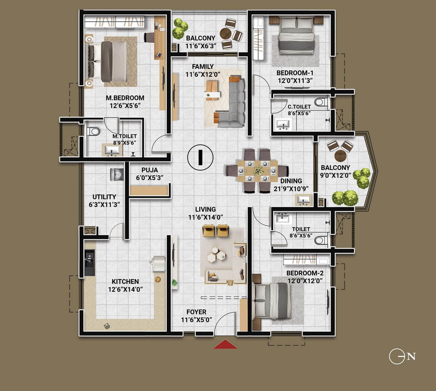 3 BHK east-facing floor plan, unit I