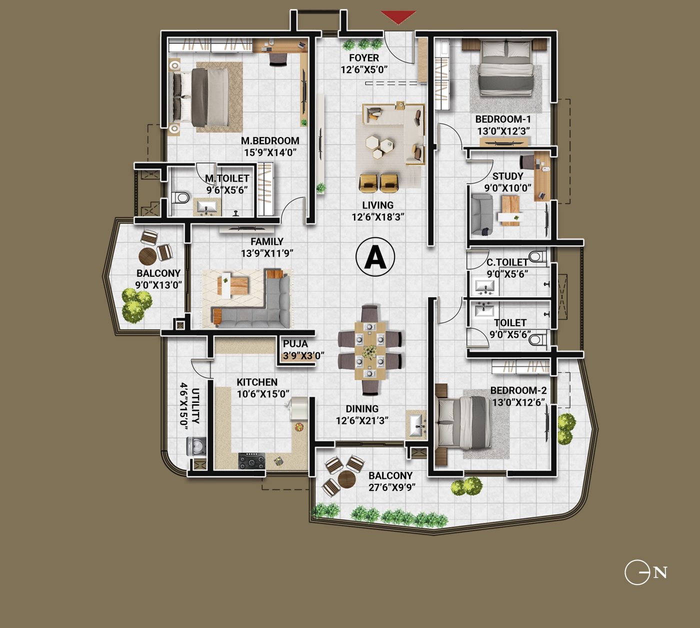 3 BHK + Study west-facing floor plan, unit A