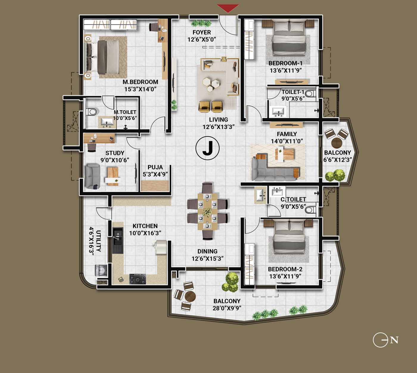 3 BHK + Study west-facing floor plan, unit J