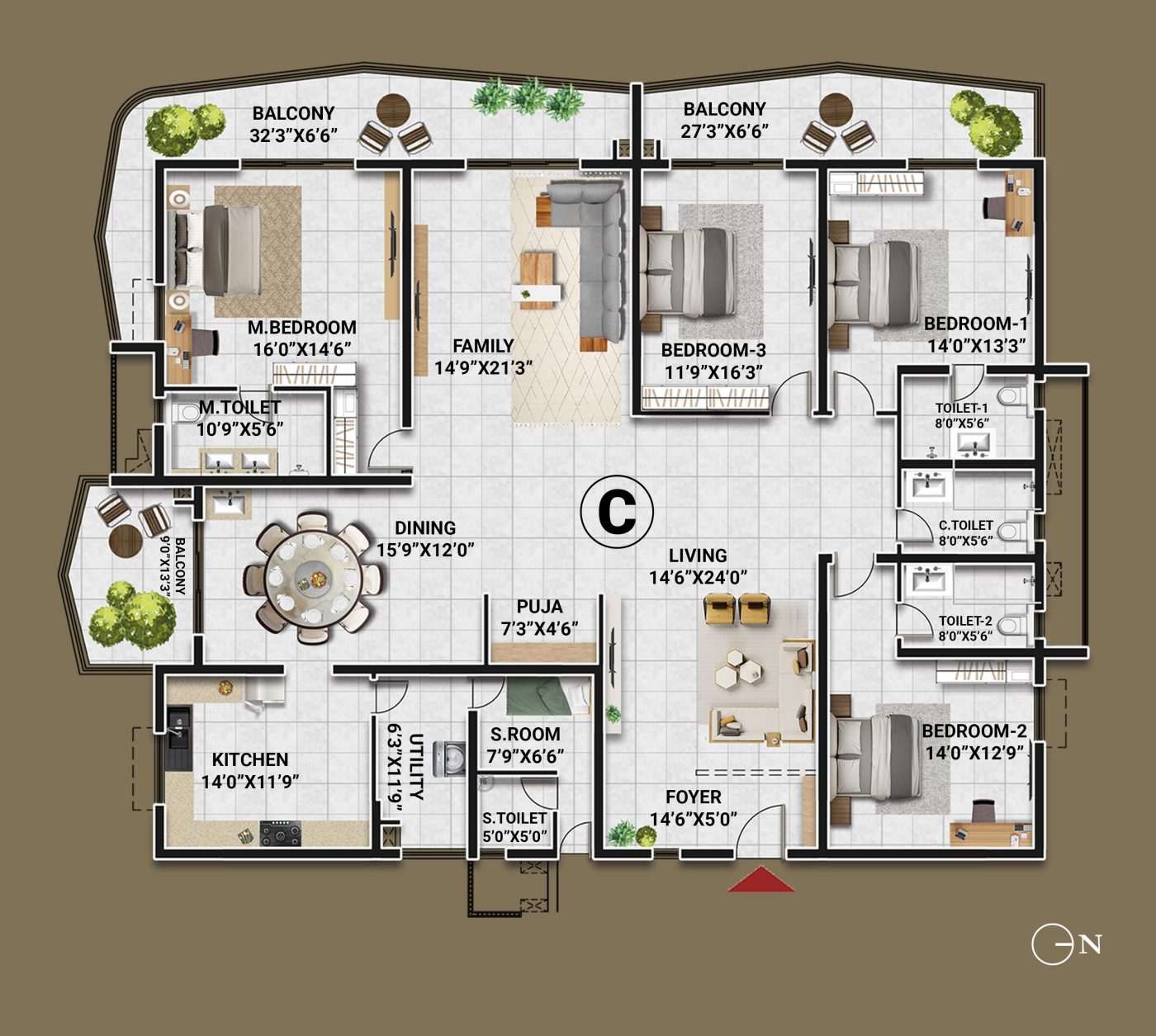 4 BHK east-facing floor plan, unit C