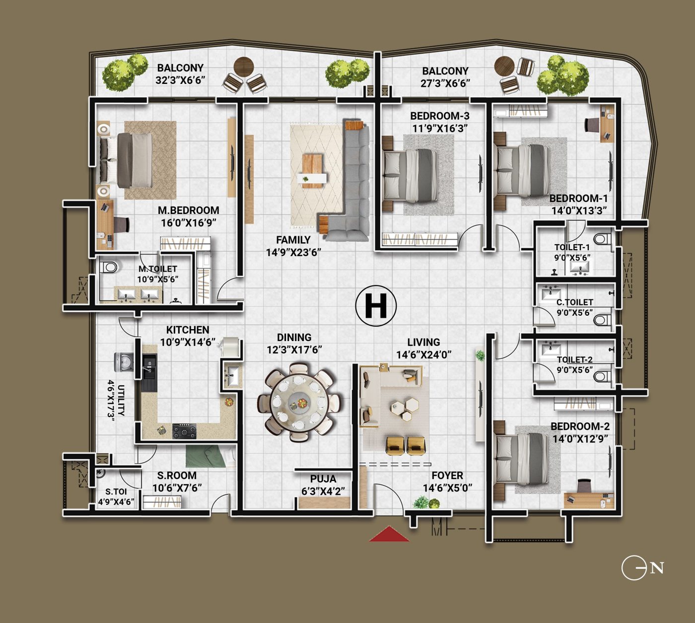 4 BHK east-facing floor plan, unit H