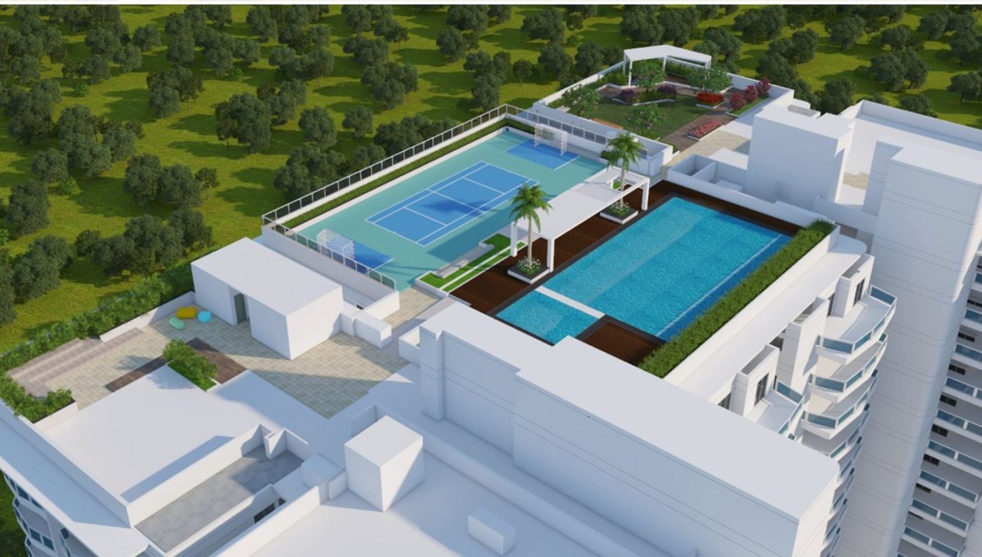 Aerial view of the rooftop swimming pool and multipurpose sports court at Lumbini Elysee