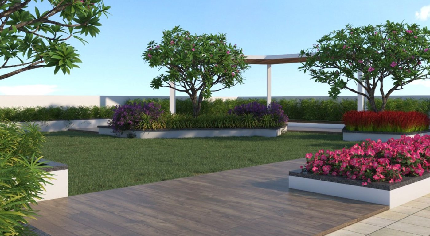 Landscaped rooftop terrace garden with seating pergola